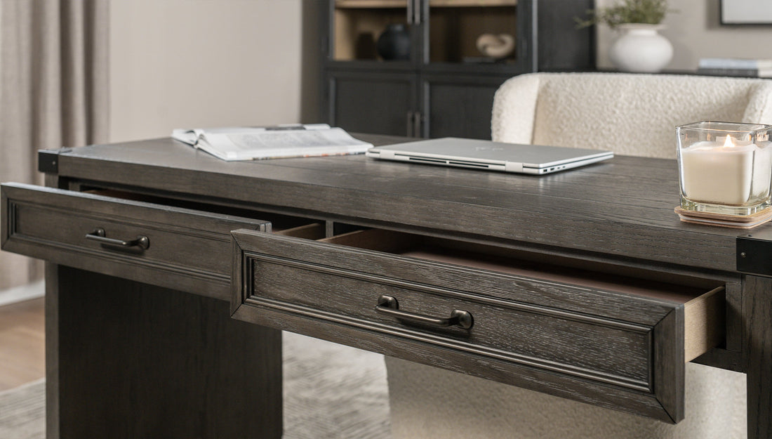 Close up of a wooden desk in an office
